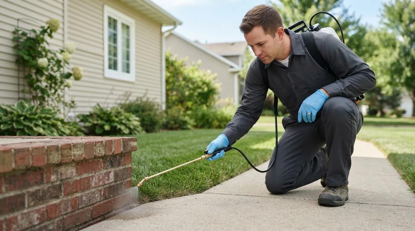 Pest control technician treating a home near Depew, OK