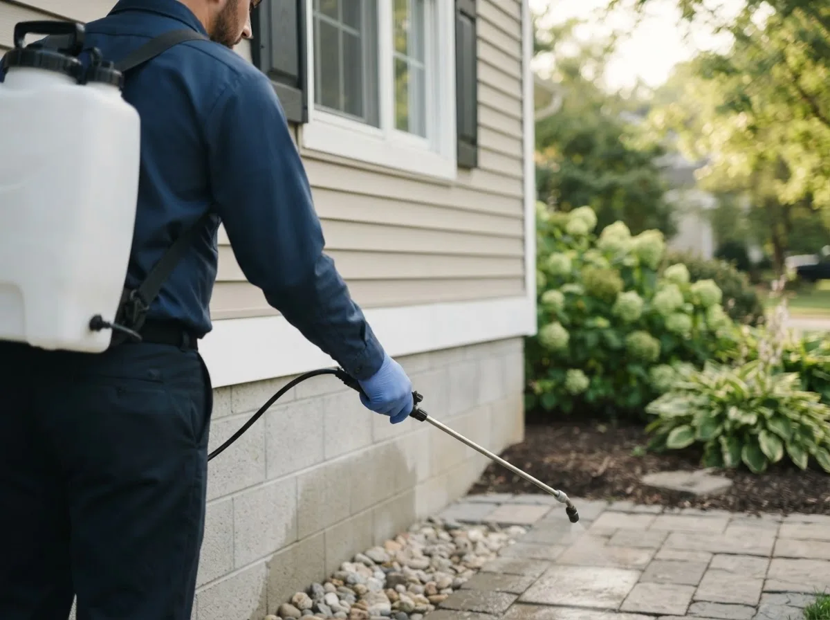 Pest control technician inspecting a home in Depew, OK